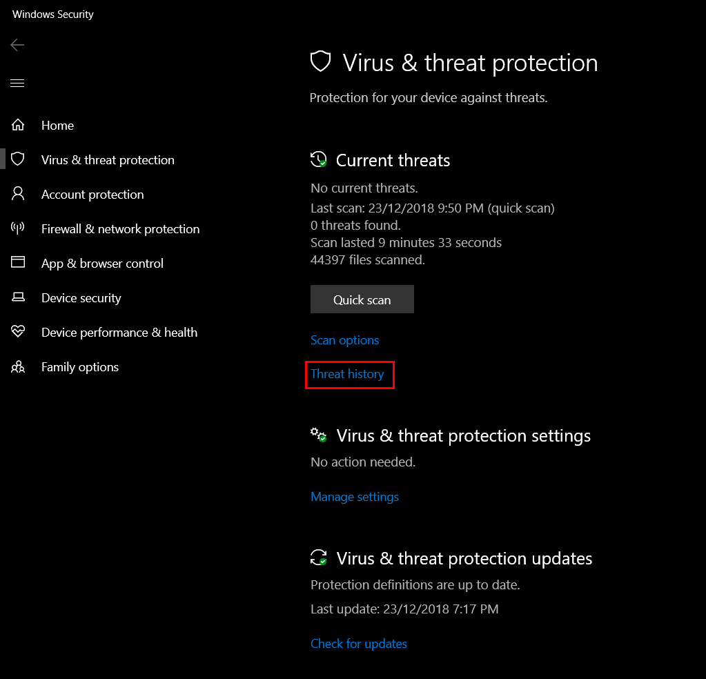 How to View Windows Defender Protection History on Windows 10.