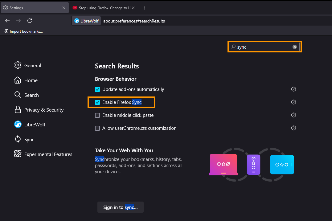 Enable Firefox Sync in LibreWolf
