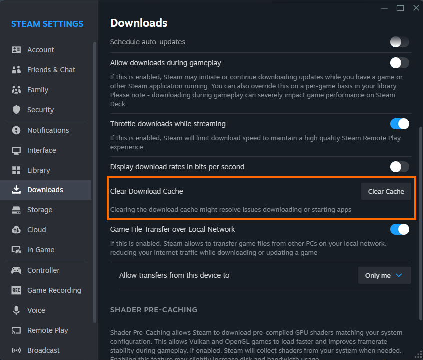 how to clear steams download cache